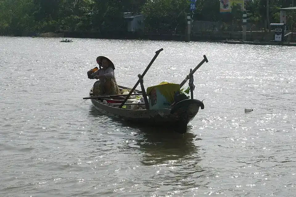 A rowing boat on the water near Phong Điền in the Mekong Delta